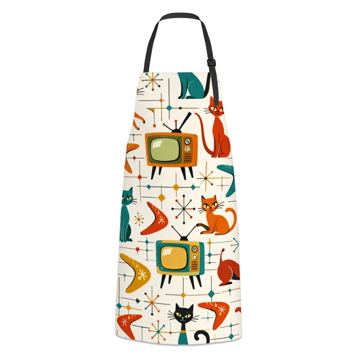🎸 Atomic Kitsch Waterproof Apron – Retro Cats, TVs &amp; Guitars Edition