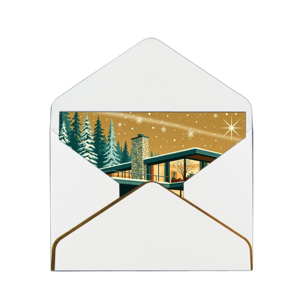 🏠 Atomic Kitsch Golden Edge Greeting Card – Modern Cabin in Snow Edition (Horizontal)