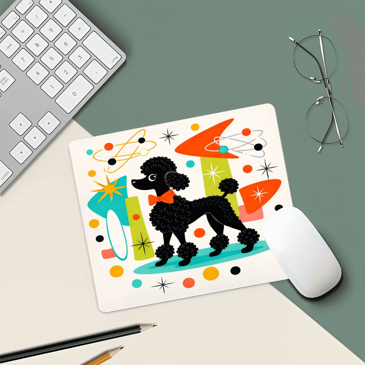 🐩 Atomic Poodle Mouse Pad – Non-Slip Sublimated Desk Mat