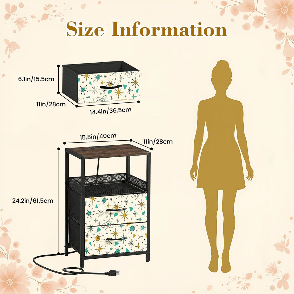 2-Drawer Bedside Table with Built-In Power Strip