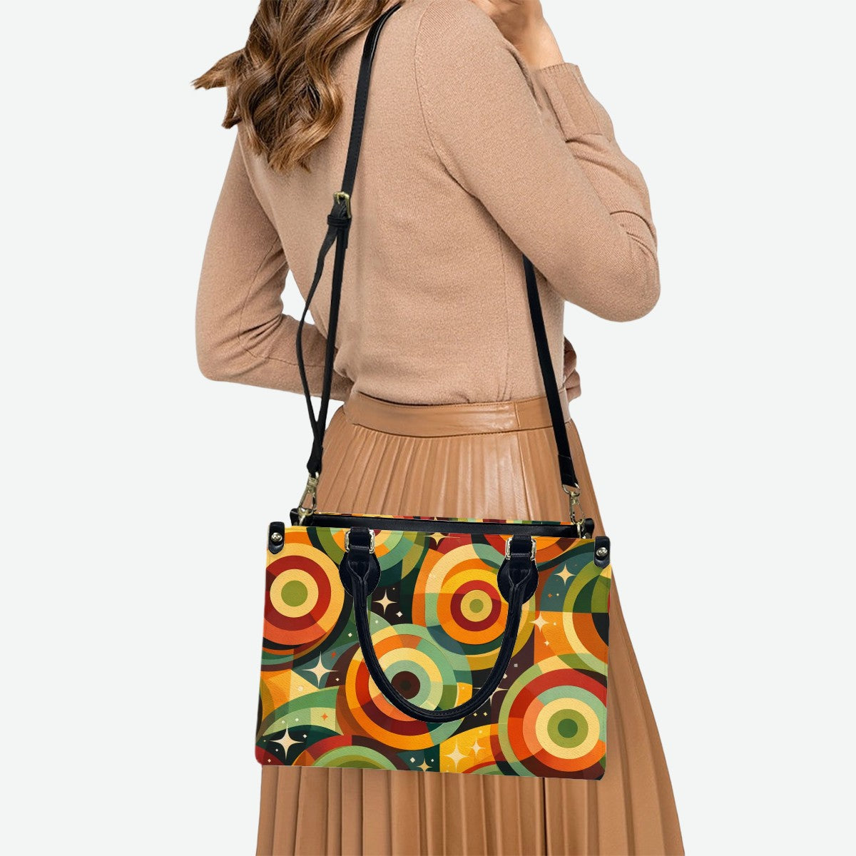 Retro Rings & Starbursts PU Tote Bag - Carry Your Kitsch in Style!