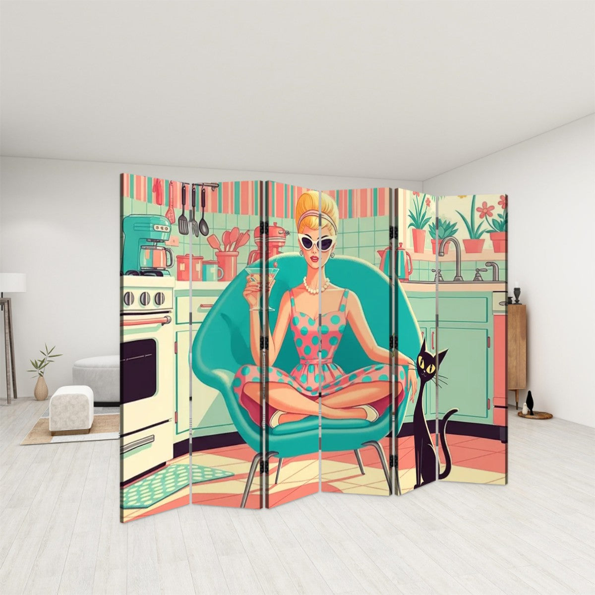 🪞 Atomic Kitchen Diva Room Divider – 6-Panel Folding Screen