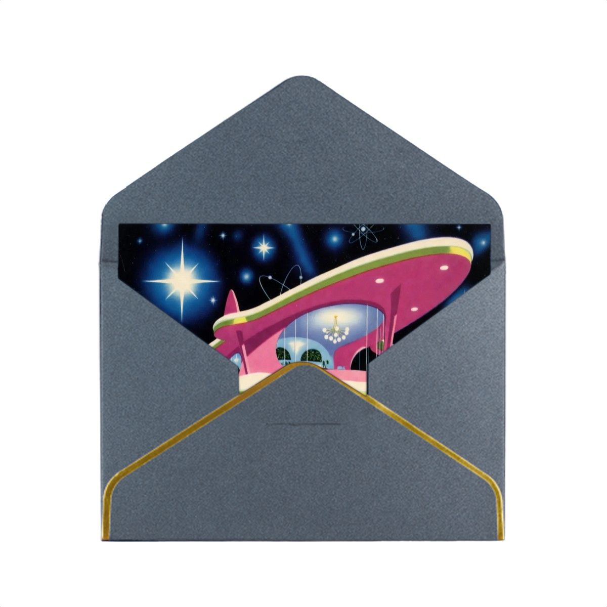 👽 Atomic Kitsch Golden Edge Greeting Card – Alien Holiday Spacecraft Edition (Horizontal)