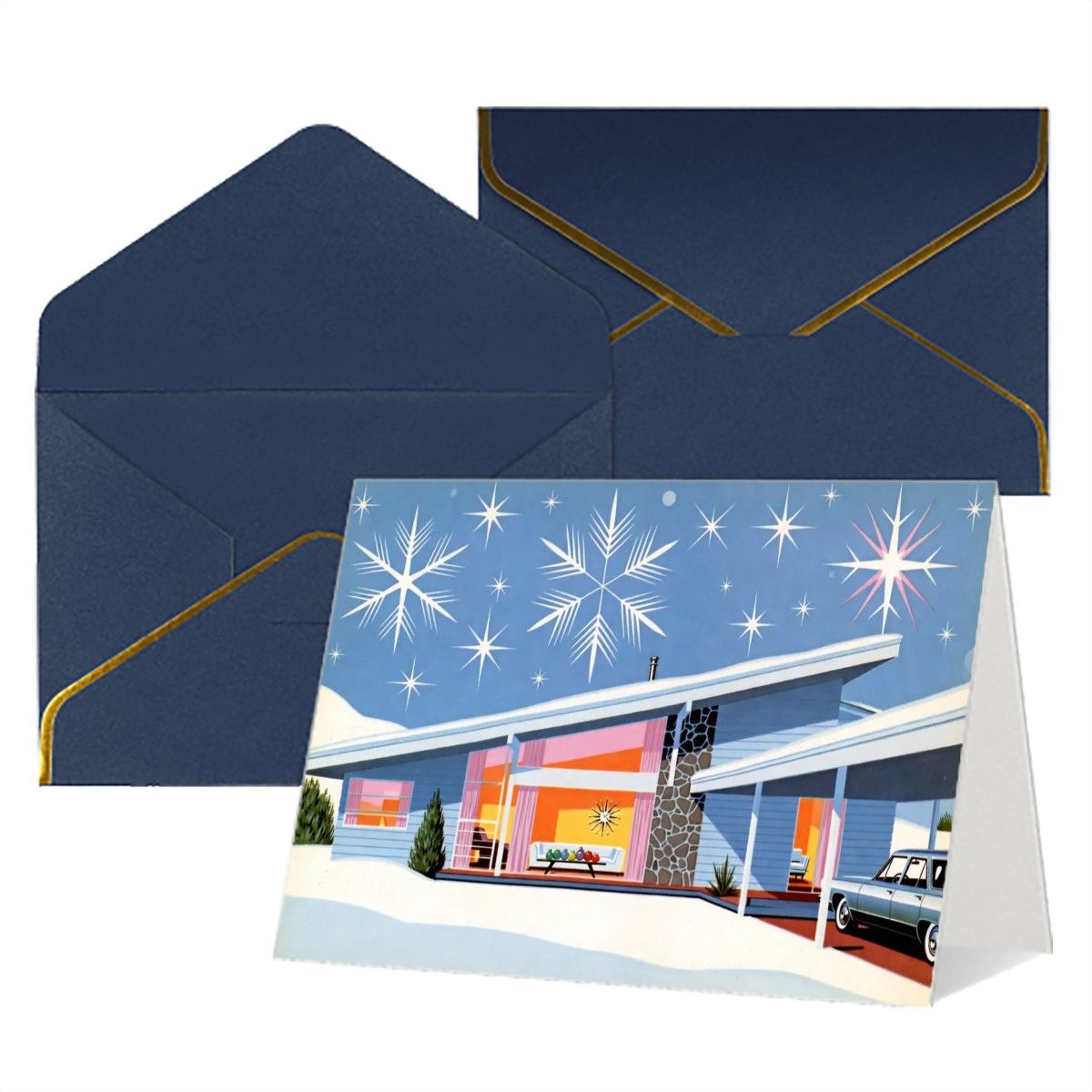 🎆 Atomic Kitsch Golden Edge Greeting Card – Fireworks &amp; Festive Lights Edition (Horizontal)