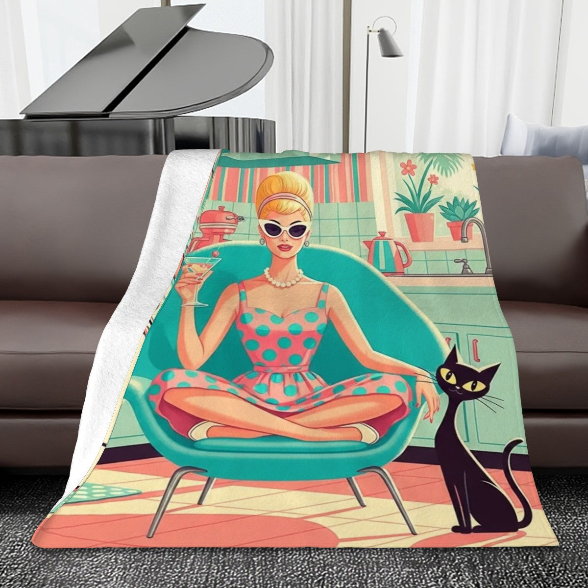 🛋️ Atomic Kitsch Flannel Throw Blanket – Retro Kitchen Queen Edition (Vertical)