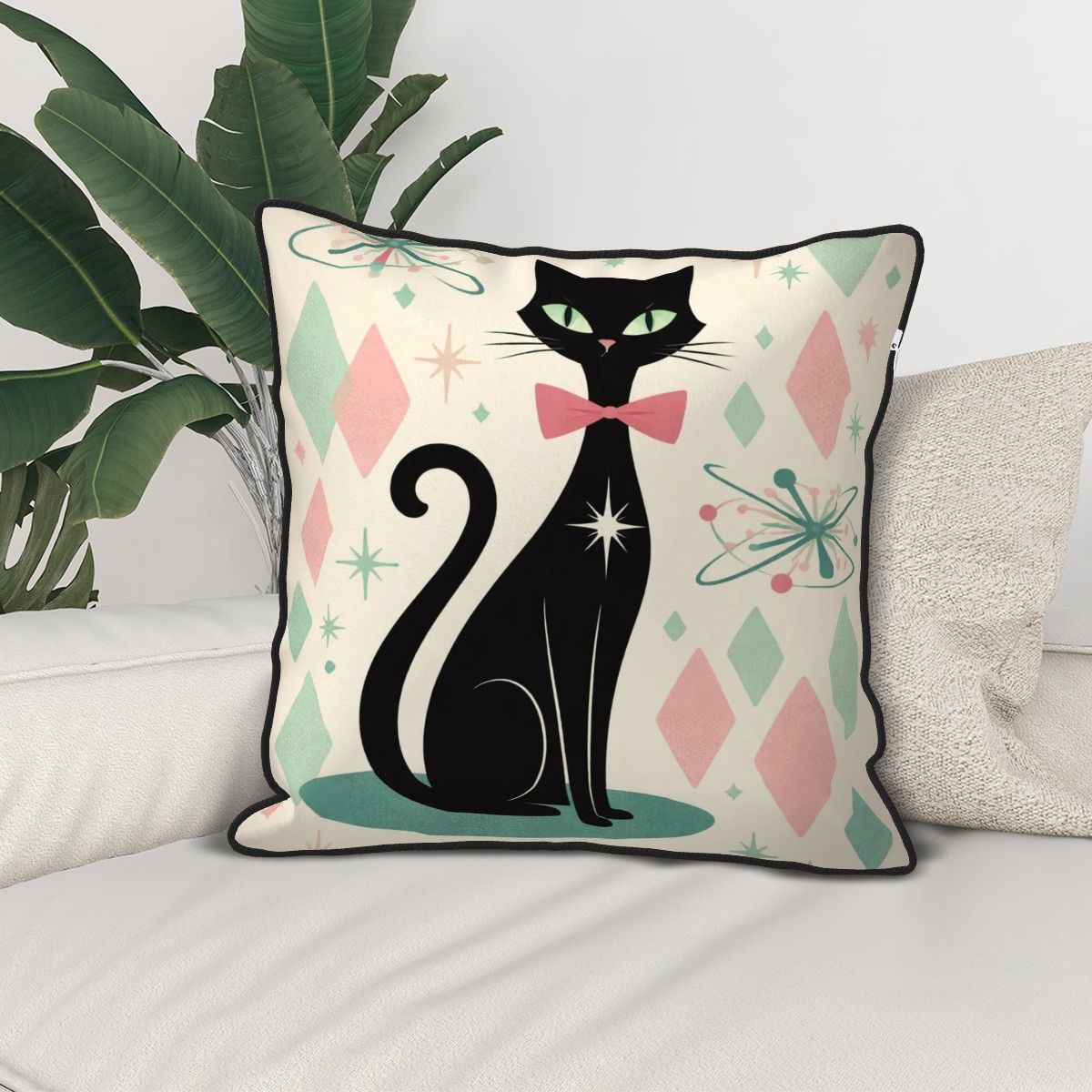 🐾 Atomic Cat Velvet Pillow – Double-Sided MCM Glam with Core Included
