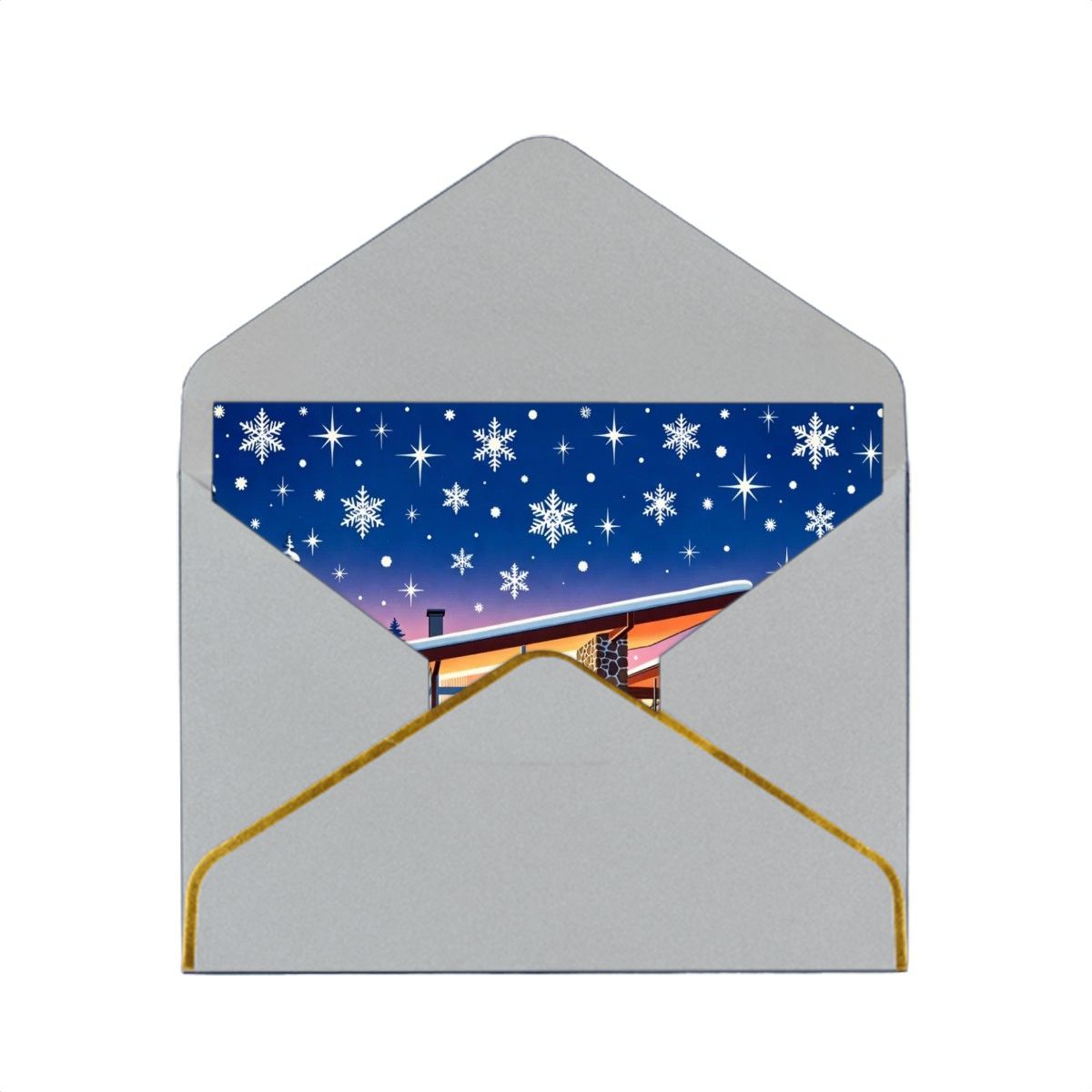🏡 Atomic Kitsch Golden Edge Greeting Card – Snowy Modern House Edition (Horizontal)