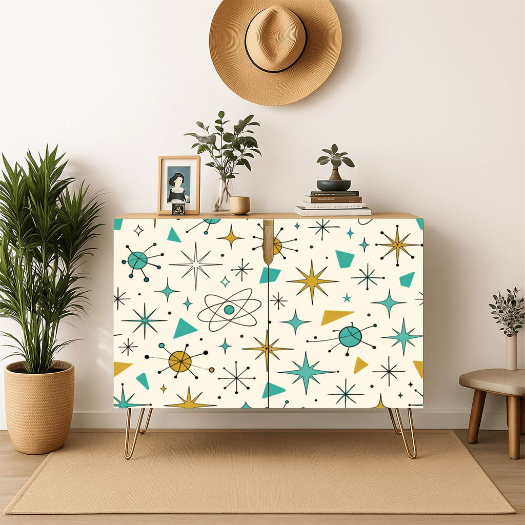 Atomic Starburst Mid-Century Modern Wooden Storage Cabinet - Kitsch &amp; Chic! 🚀