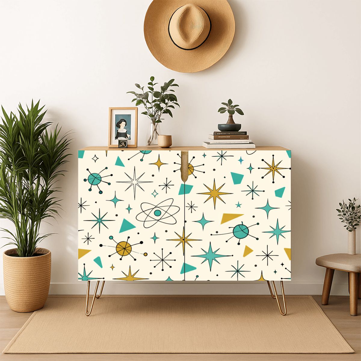 Atomic Starburst Mid-Century Modern Wooden Storage Cabinet - Kitsch &amp; Chic! 🚀