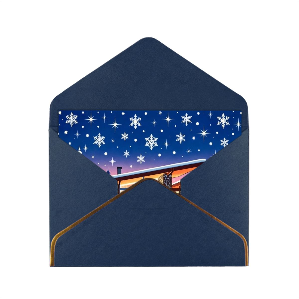 🏡 Atomic Kitsch Golden Edge Greeting Card – Snowy Modern House Edition (Horizontal)