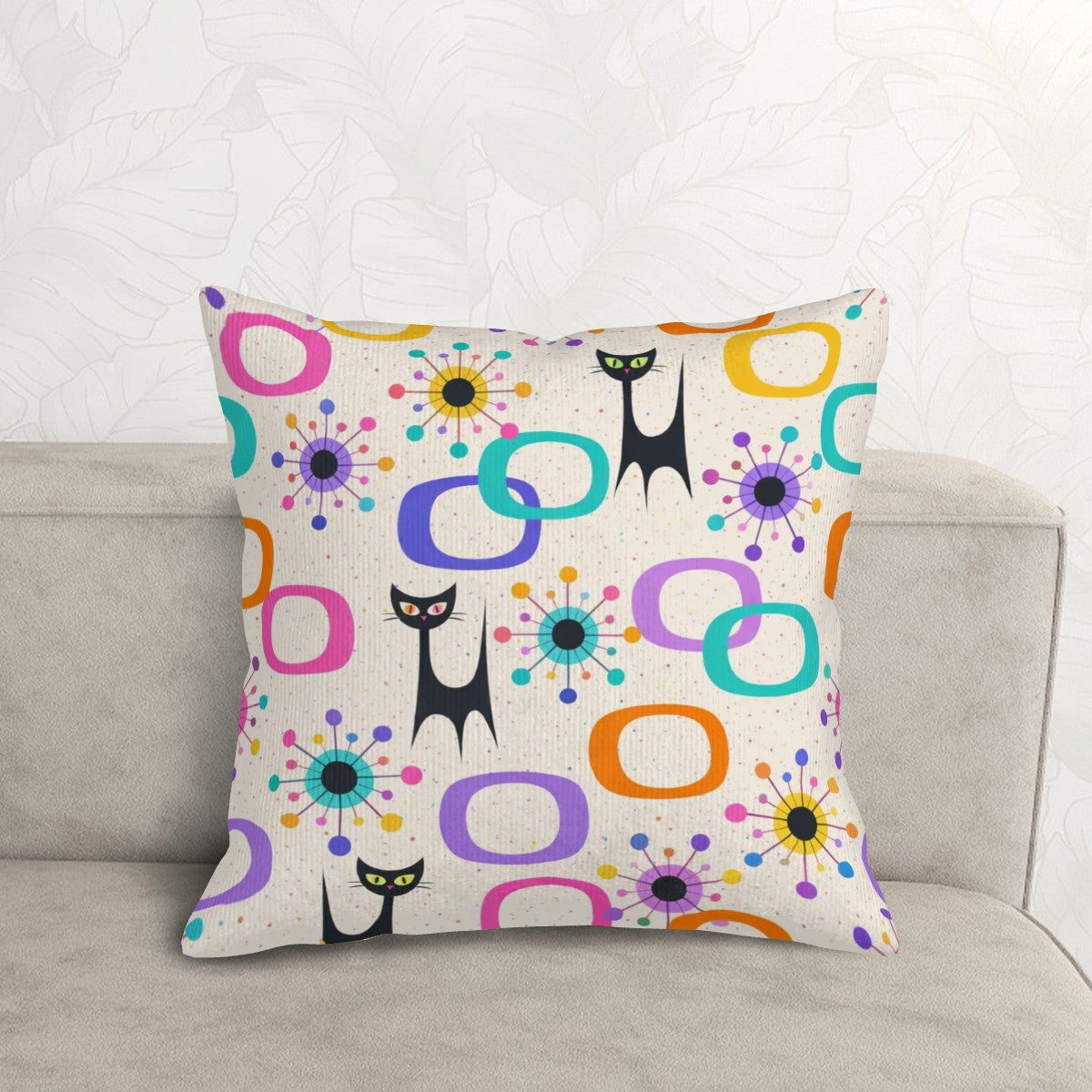 Atomic Cat & Circles Corduroy Throw Pillow - Double-Sided Retro Chic!