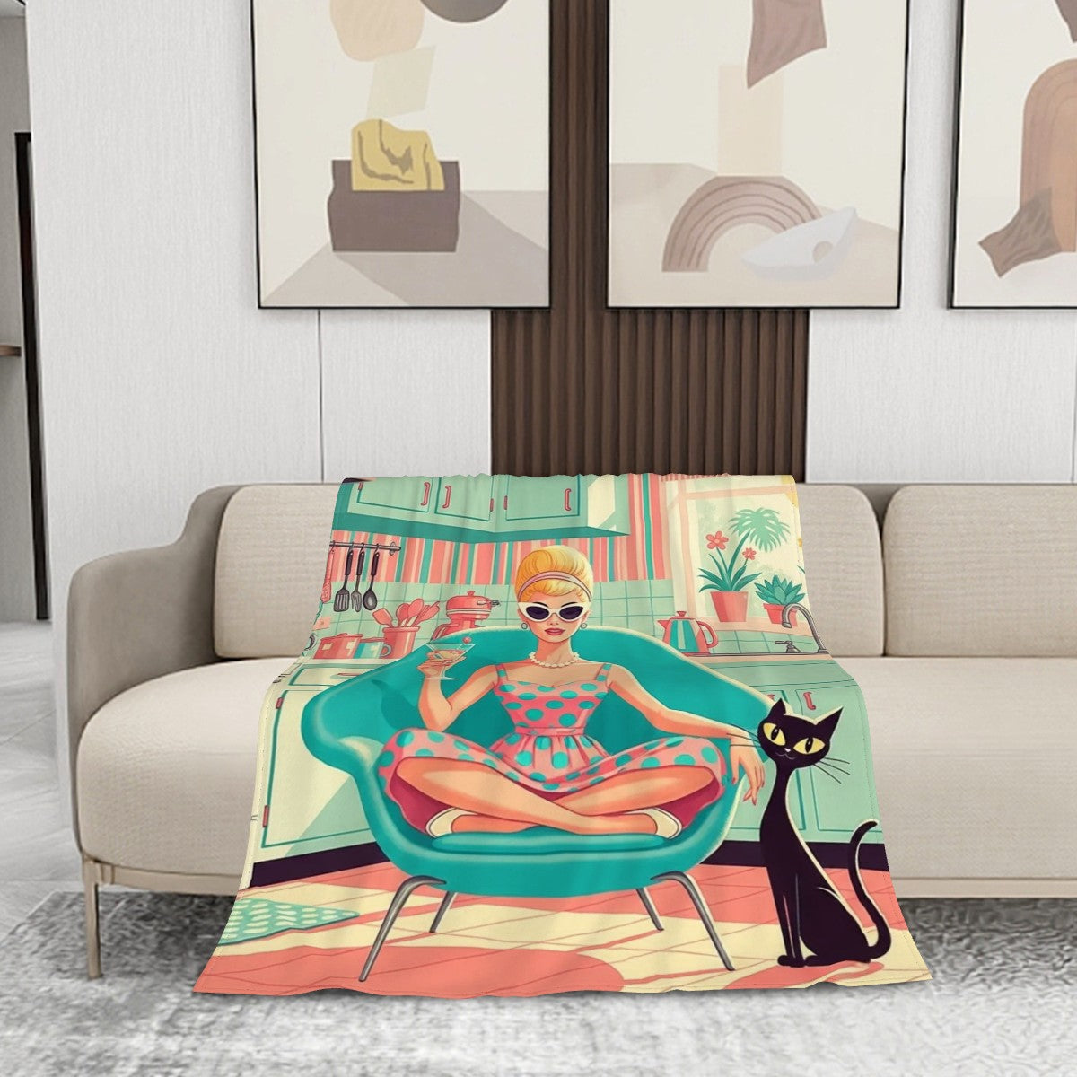 🛋️ Atomic Kitsch Flannel Throw Blanket – Retro Kitchen Queen Edition (Vertical)