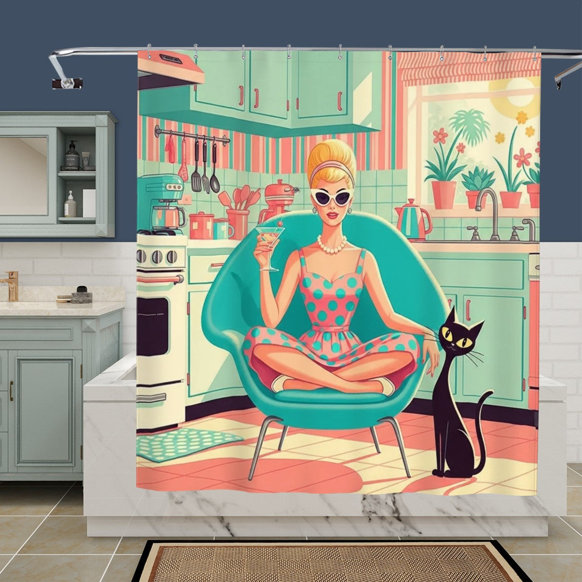 🛁 Atomic Kitchen Diva Shower Curtain – MCM Kitsch Edition