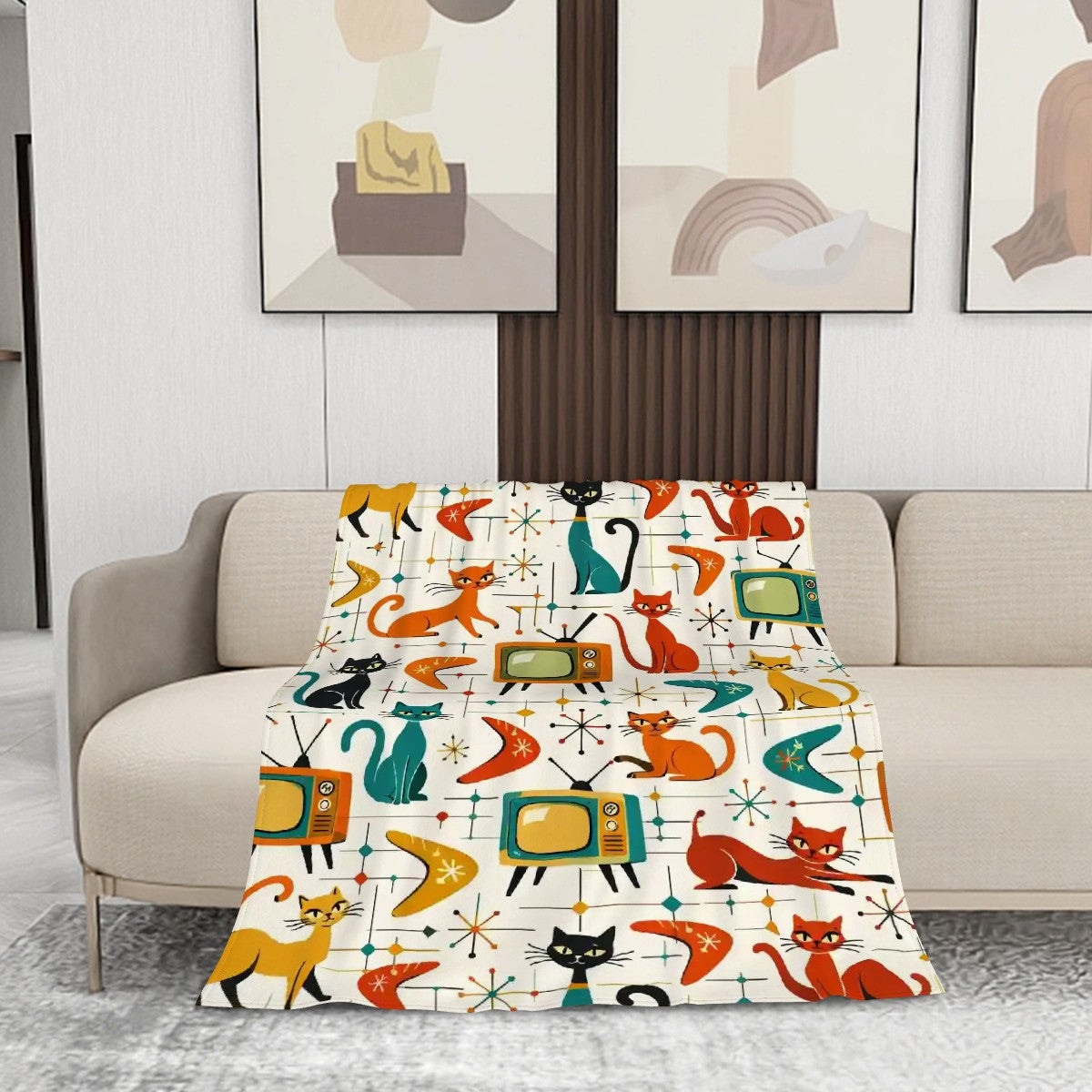 🐾 Atomic Kitsch Flannel Throw Blanket – Retro Cats & TVs Edition (Vertical)