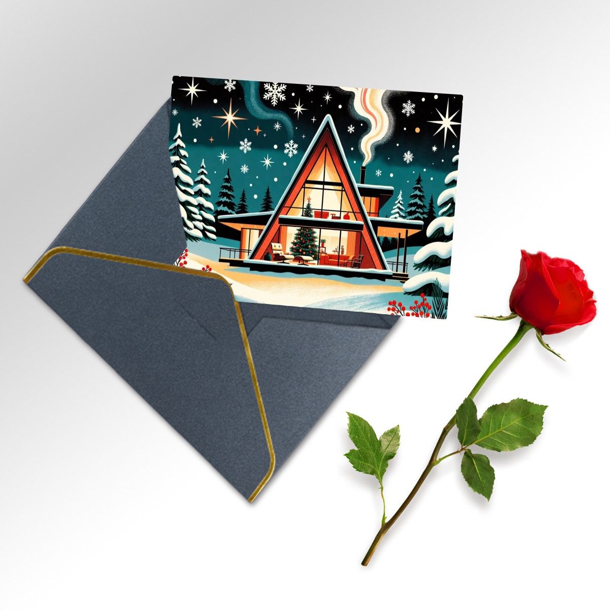 🏡 Atomic Kitsch Golden Edge Greeting Card – A-Frame Cabin Winter Edition (Horizontal)