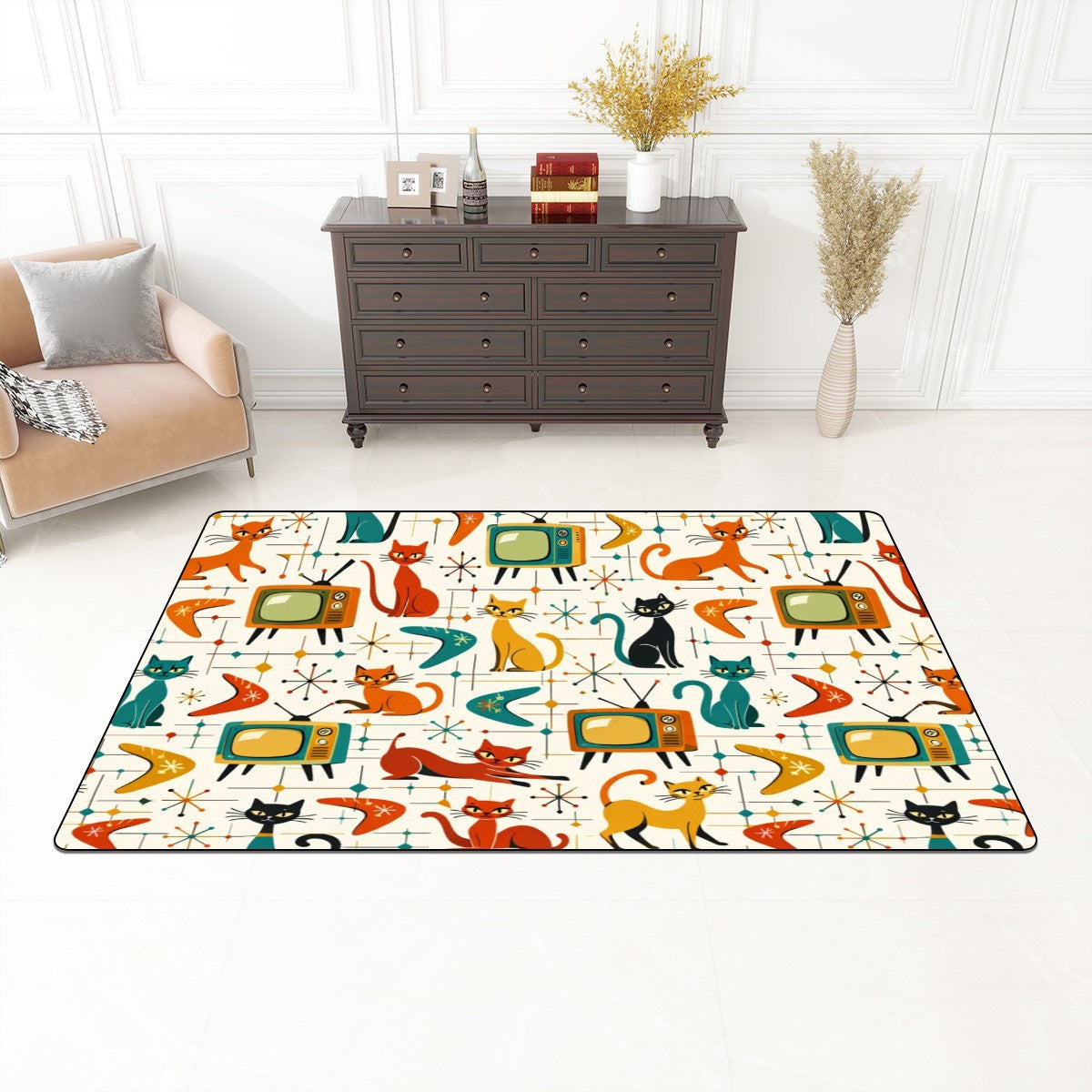 🐾 Atomic Kitsch Area Rug – Retro Cats, TVs & Starbursts in Soft Flannel