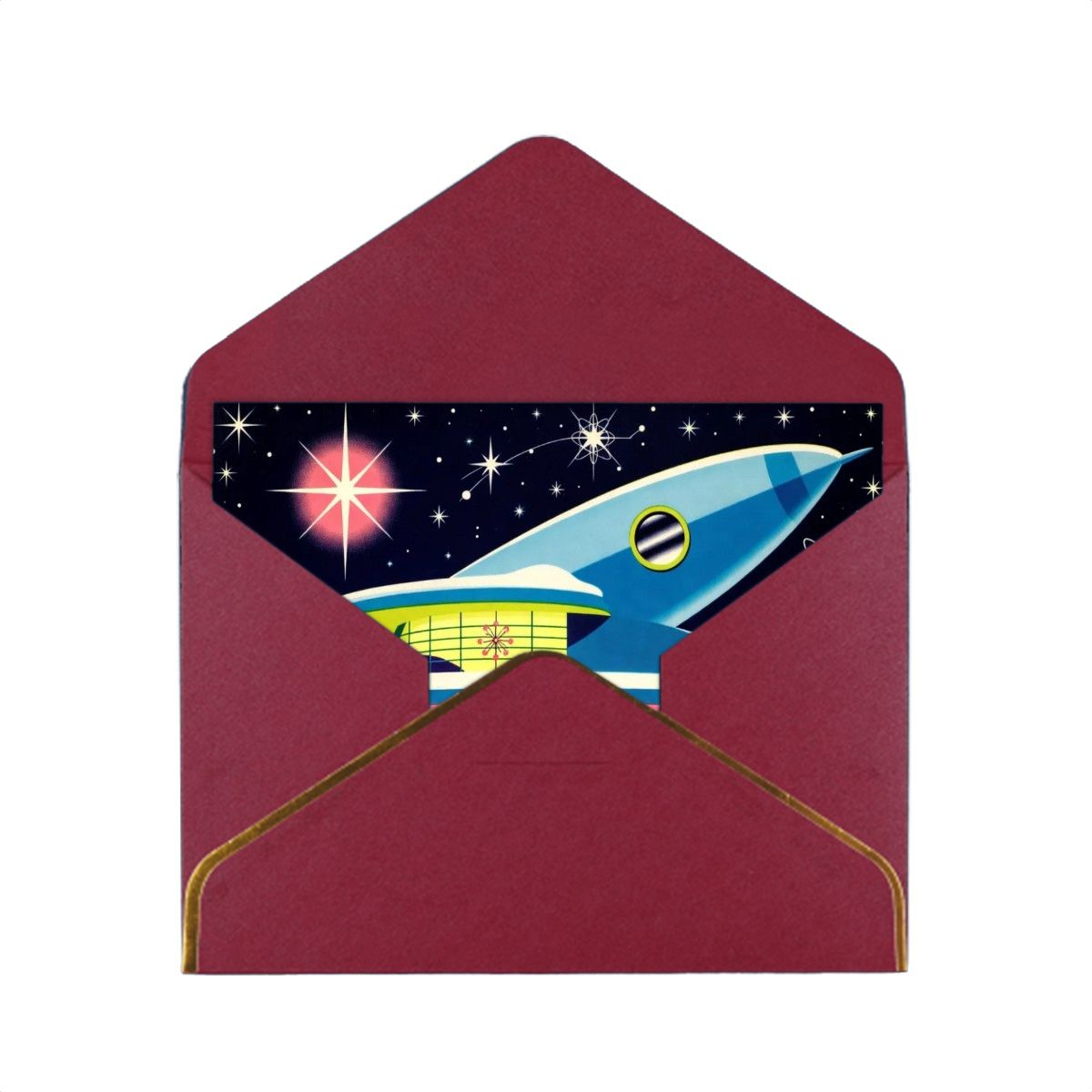 🚀 Atomic Kitsch Golden Edge Greeting Card – Rocket & Retro Building Edition (Horizontal)