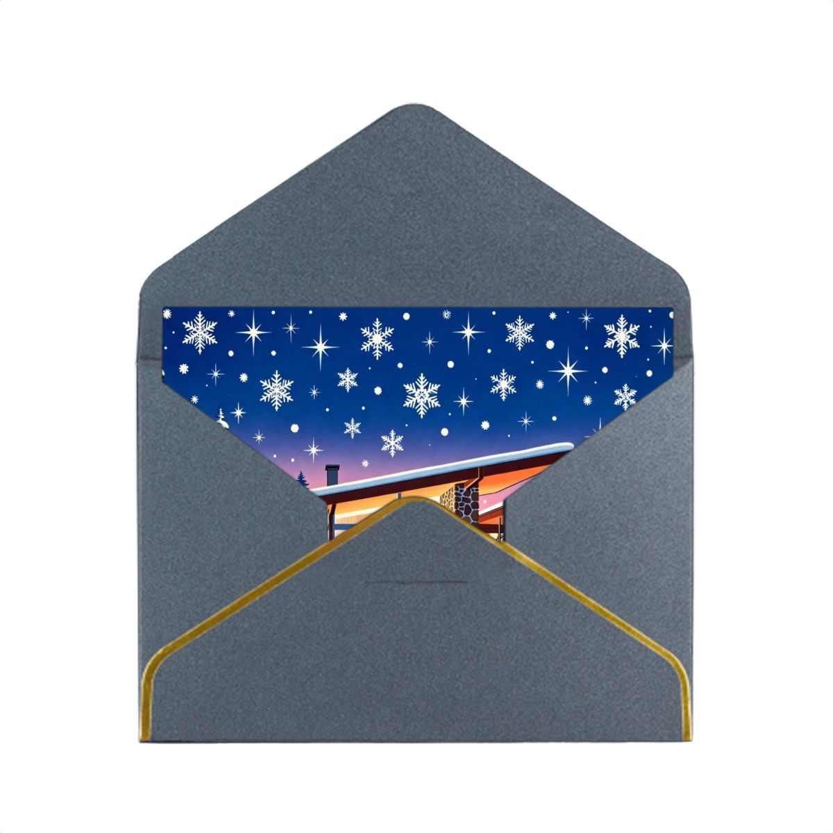 🏡 Atomic Kitsch Golden Edge Greeting Card – Snowy Modern House Edition (Horizontal)