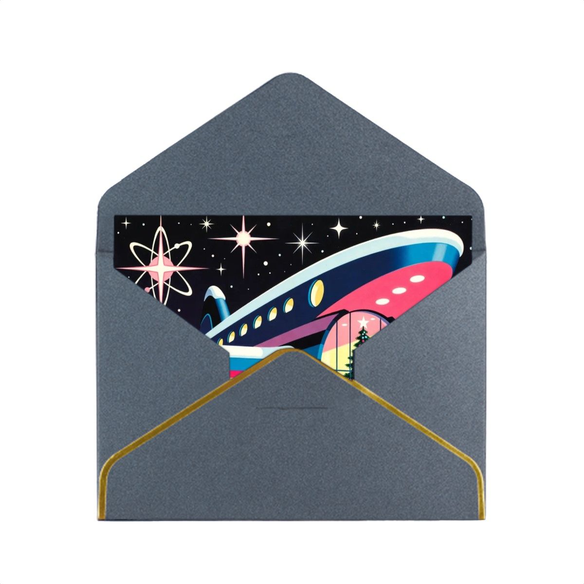 🚀 Atomic Kitsch Golden Edge Greeting Card – Spaceport Christmas Edition (Horizontal)