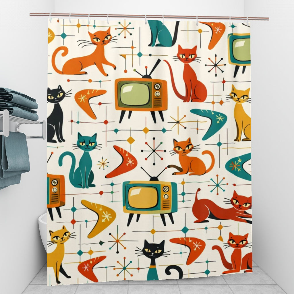 📺 Atomic Cat TV Shower Curtain – MCM Bathroom Statement