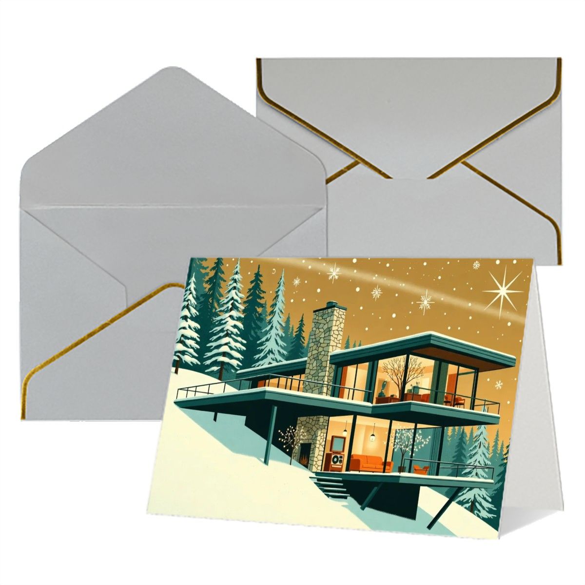 🏠 Atomic Kitsch Golden Edge Greeting Card – Modern Cabin in Snow Edition (Horizontal)