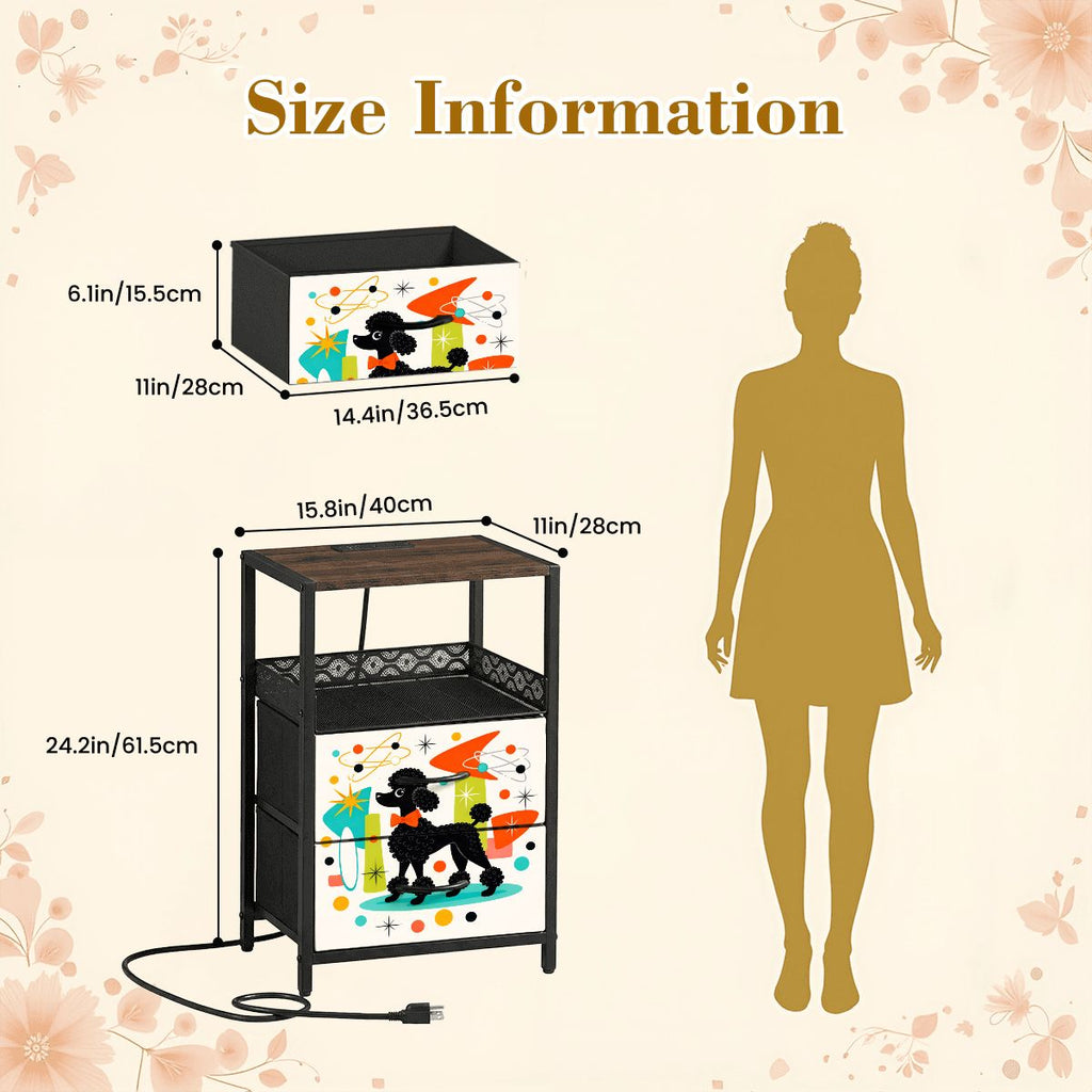 🐩 Atomic Poodle 2‑Drawer Bedside Table with Built‑In Power Strip