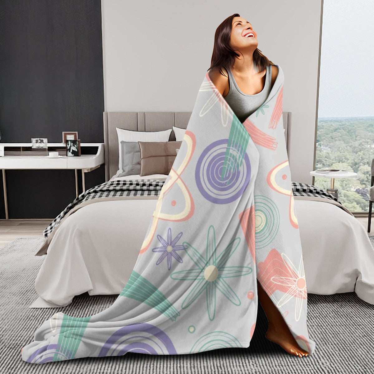 🧪 Atomic Kitsch Flannel Throw Blanket – Pastel Atom & Geometry Edition