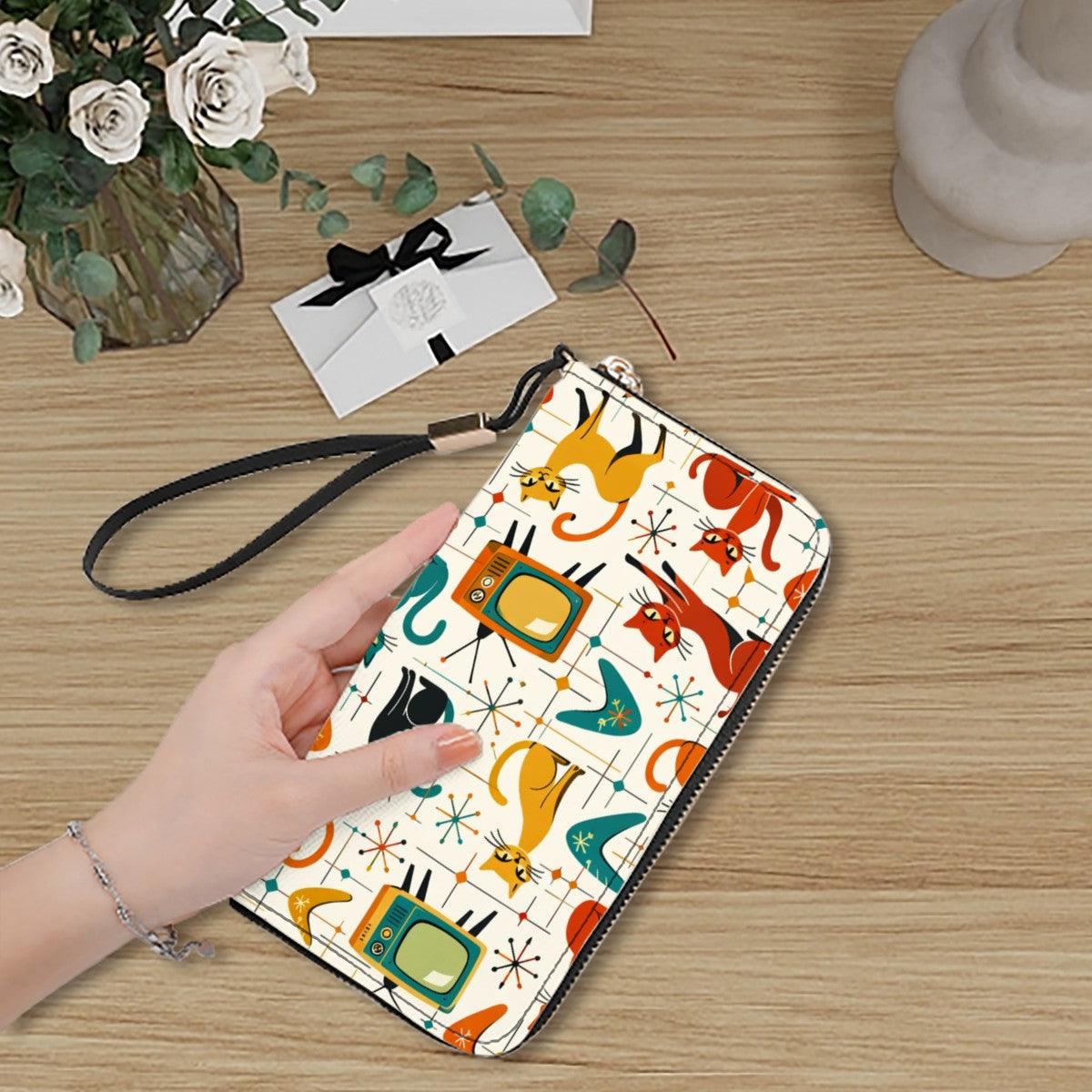 🐾 Atomic Kitsch Clutch Wallet – Retro Cats & TVs Edition