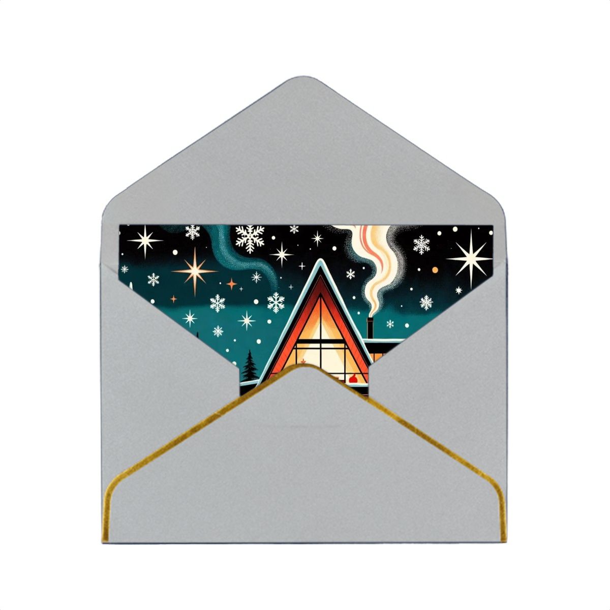 🏡 Atomic Kitsch Golden Edge Greeting Card – A-Frame Cabin Winter Edition (Horizontal)