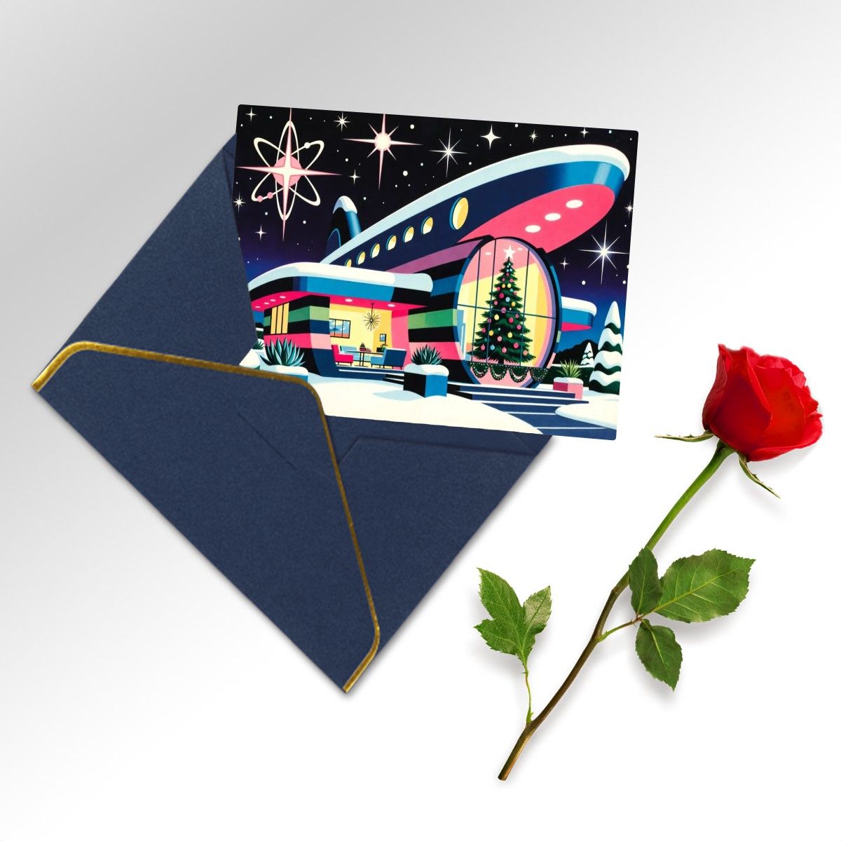 🚀 Atomic Kitsch Golden Edge Greeting Card – Spaceport Christmas Edition (Horizontal)
