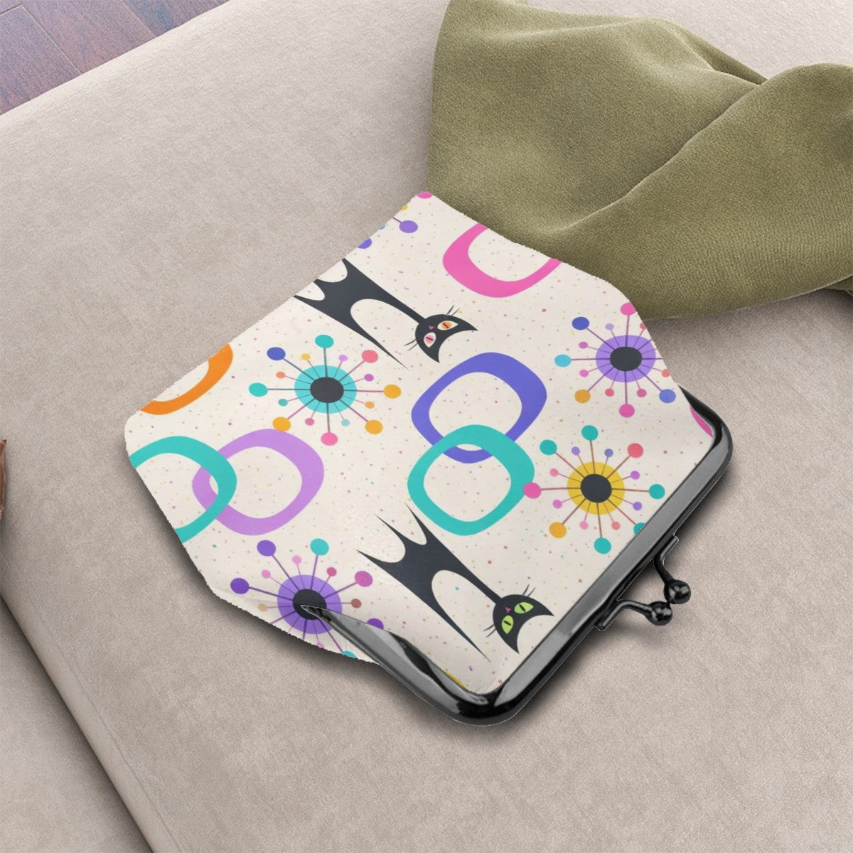 Atomic Cat & Circles Kiss Lock Coin Purse - Purr-fectly Retro!