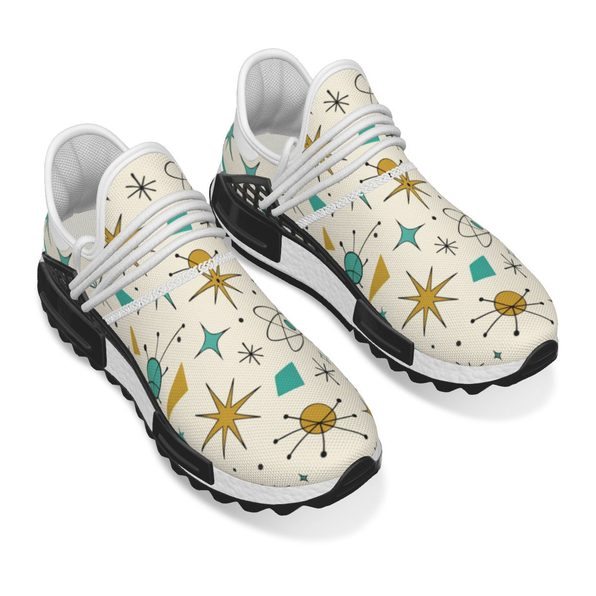 Atomic Kitsch Men's Mesh Sneakers | Retro Atomic Starburst All-Over Print Shoes