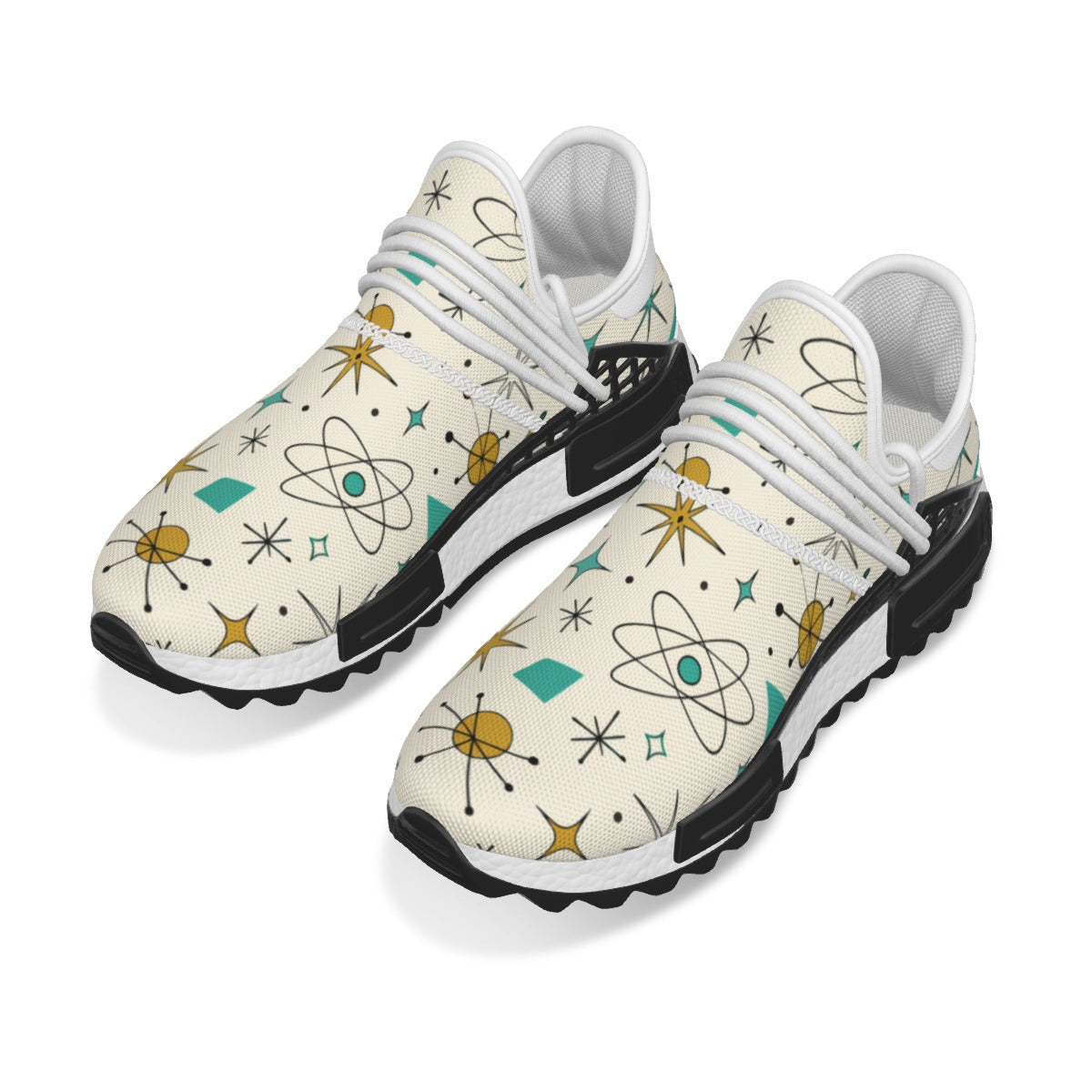 Atomic Kitsch Men's Mesh Sneakers | Retro Atomic Starburst All-Over Print Shoes