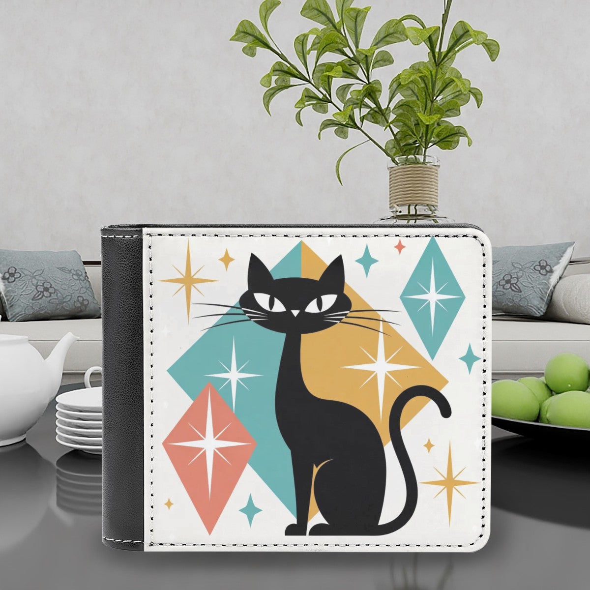 🐈 Atomic Kitsch Leather Wallet – Black Cat & Starburst Edition