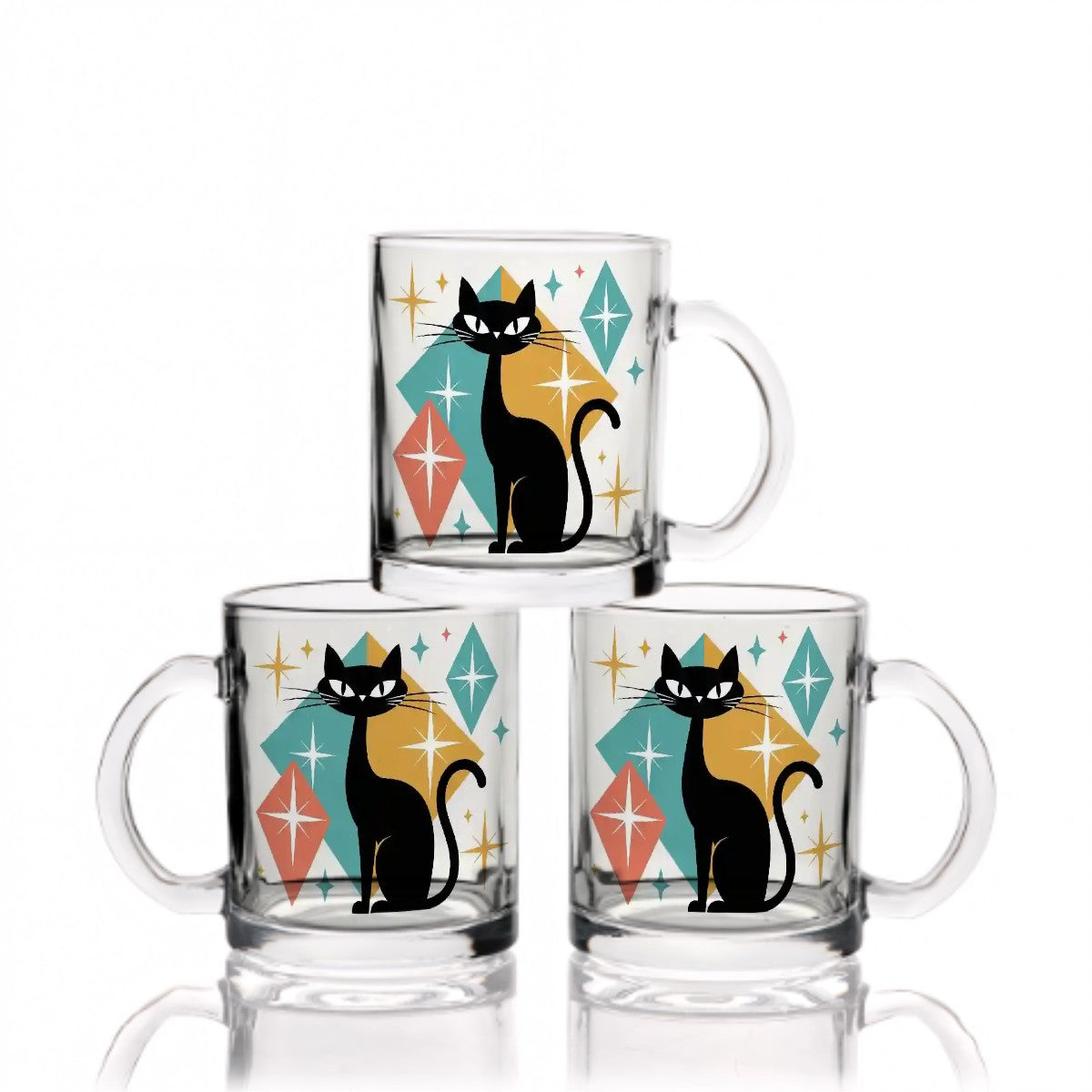 ☕ Atomic Kitsch Glass Coffee Cup – 12oz Black Cat & Starburst Edition