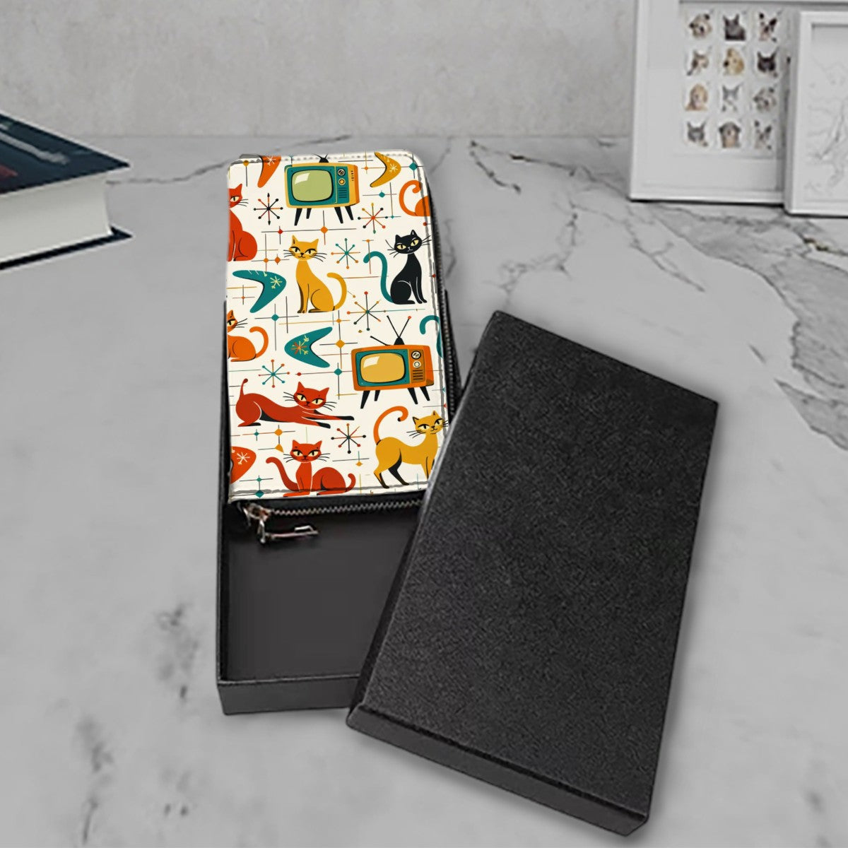 🐾 Atomic Kitsch Clutch Wallet – Retro Cats & TVs Edition