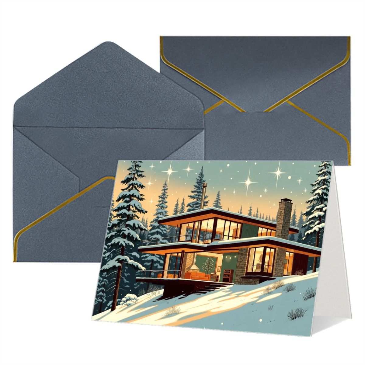 🌲 Atomic Kitsch Golden Edge Greeting Card – Cabin in the Snow Edition (Horizontal)