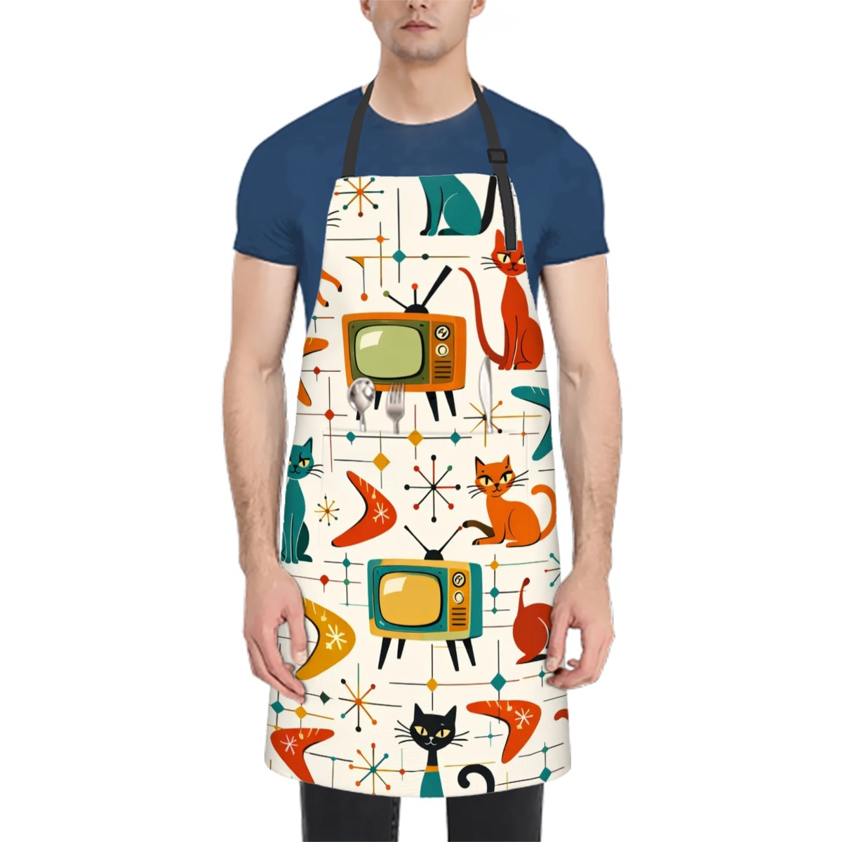 🎸 Atomic Kitsch Waterproof Apron – Retro Cats, TVs &amp; Guitars Edition