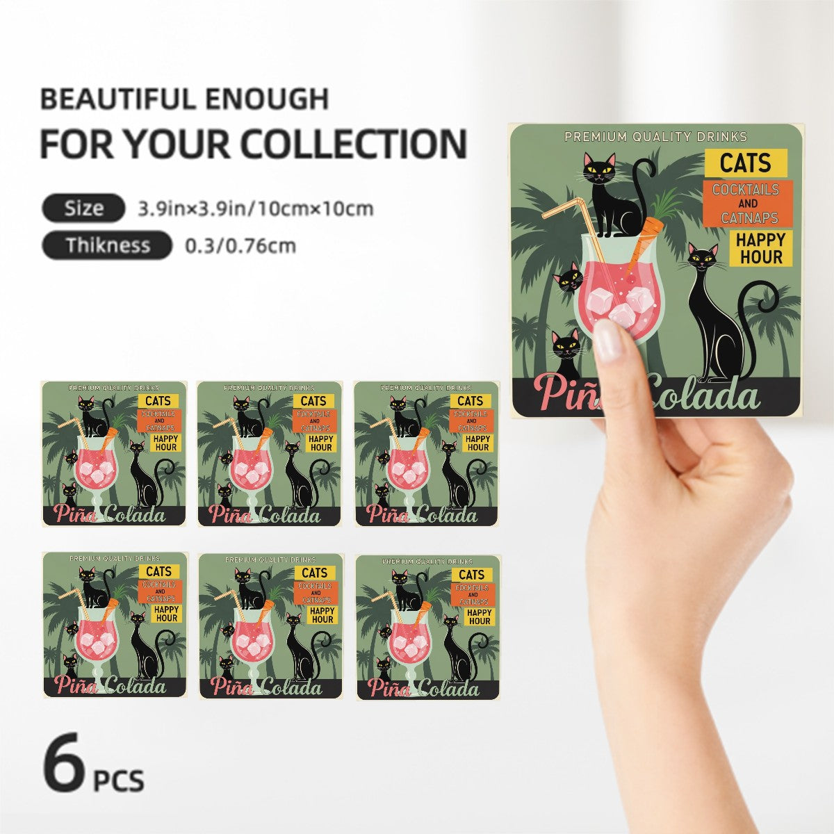 🍹 Cats & Cocktails Ceramic Coaster Set – 6-Piece MCM Happy Hour Edition