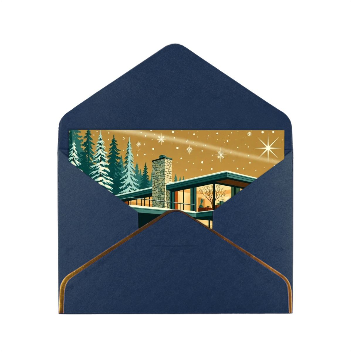 🏠 Atomic Kitsch Golden Edge Greeting Card – Modern Cabin in Snow Edition (Horizontal)