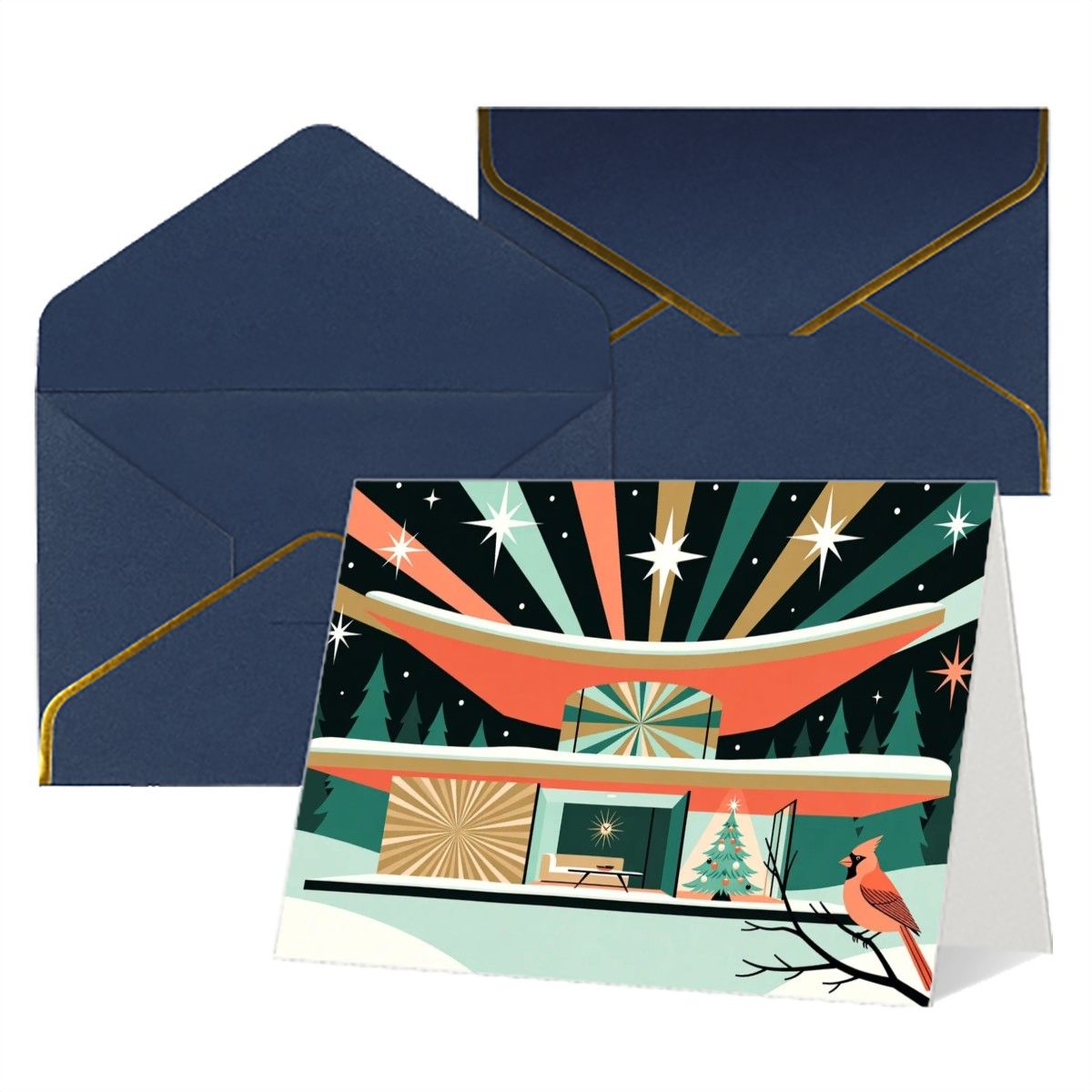 🌞 Atomic Kitsch Golden Edge Greeting Card – Sunburst & Silhouette Edition (Horizontal)