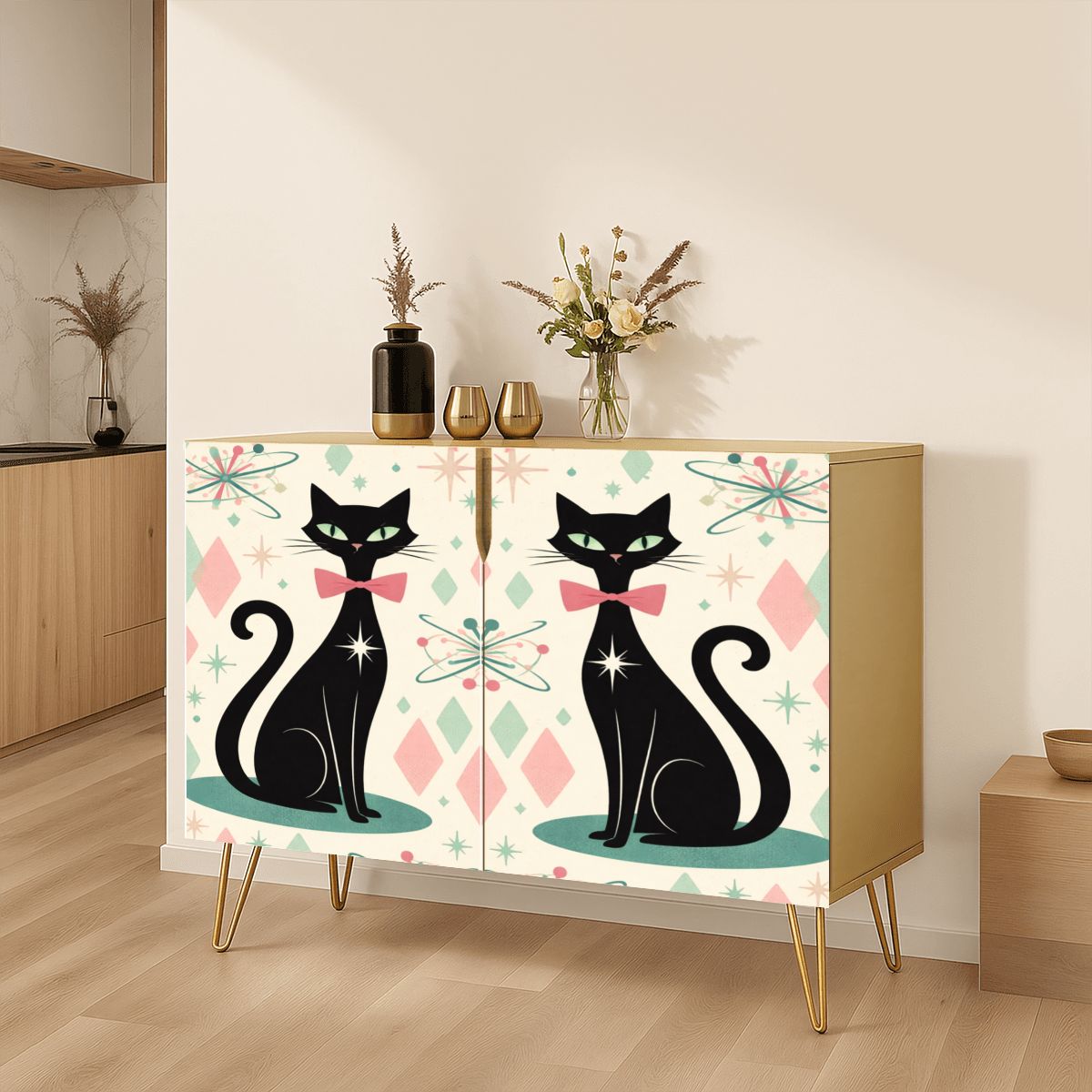 🐾 Atomic Cat Wooden Storage Cabinet – MCM Starburst Edition (Made in USA)