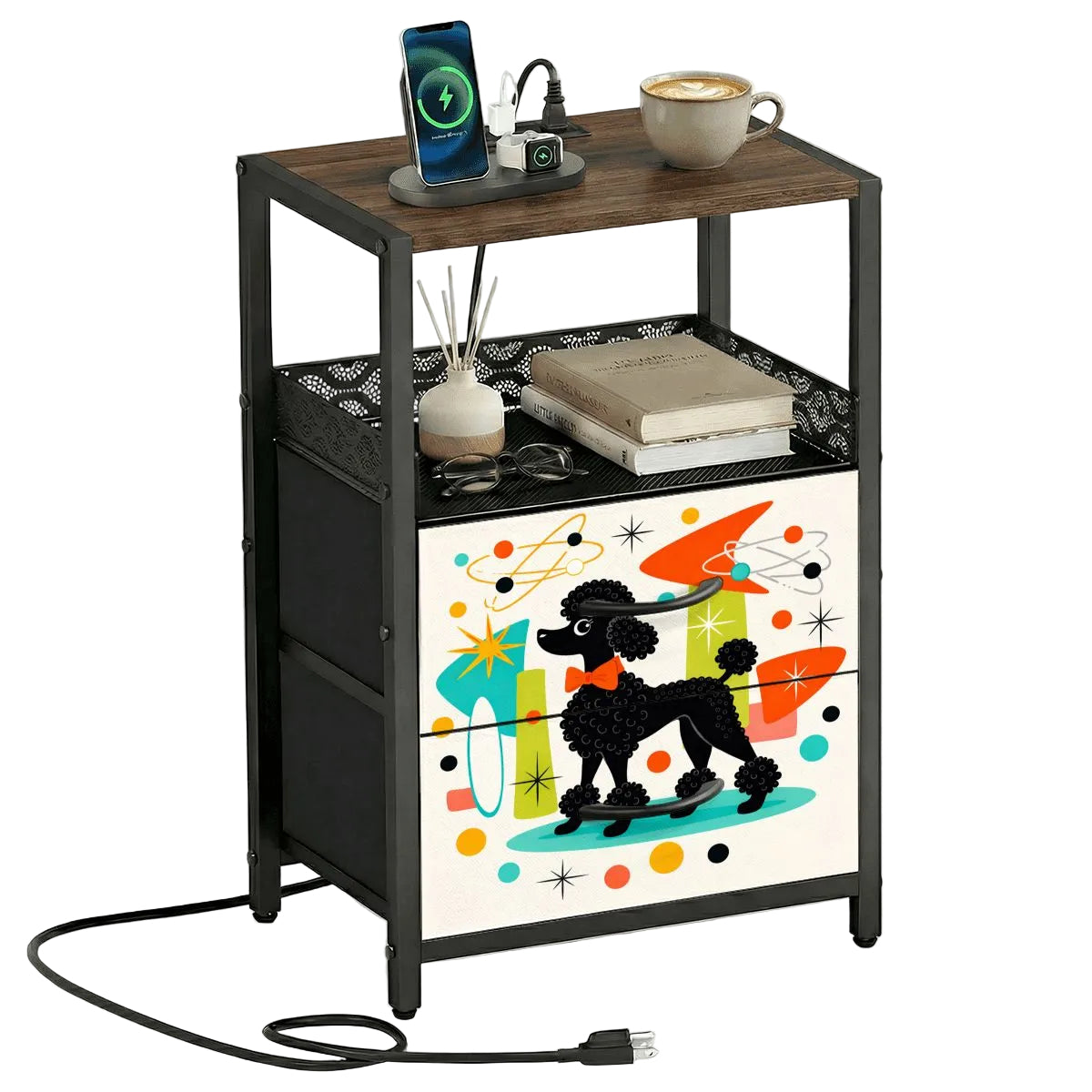 🐩 Atomic Poodle 2‑Drawer Bedside Table with Built‑In Power Strip
