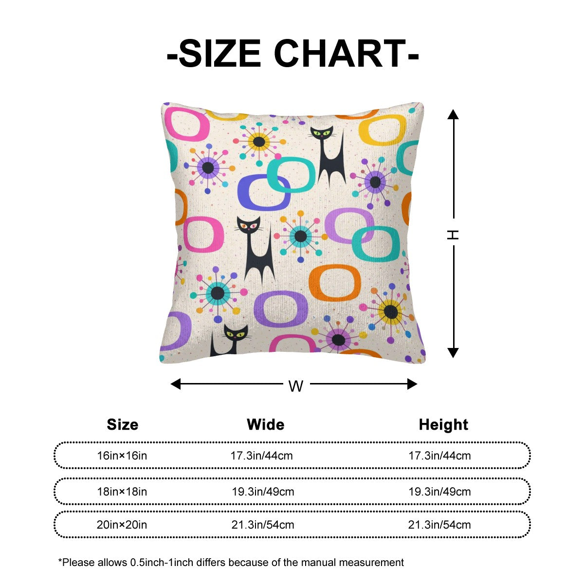 Atomic Cat & Circles Corduroy Throw Pillow - Double-Sided Retro Chic!