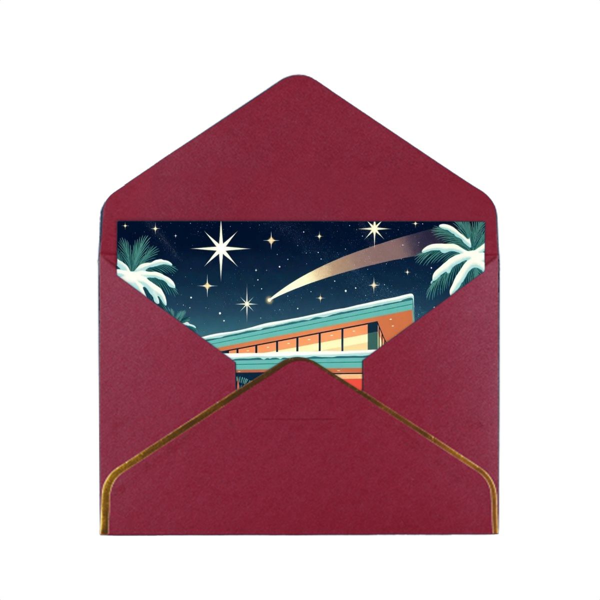 🏡 Atomic Kitsch Golden Edge Greeting Card – Mid-Century Palm Cabin Edition (Horizontal)