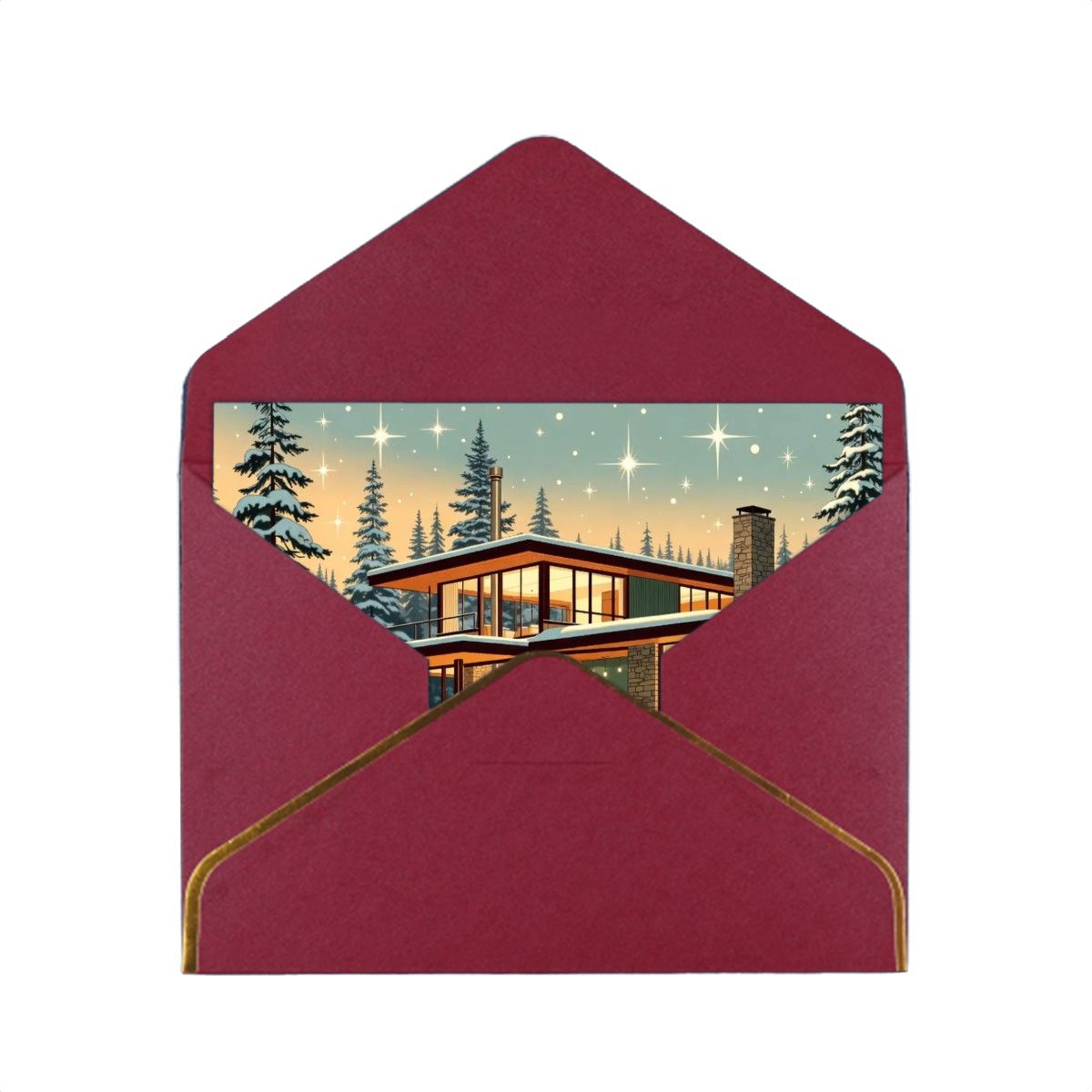 🌲 Atomic Kitsch Golden Edge Greeting Card – Cabin in the Snow Edition (Horizontal)