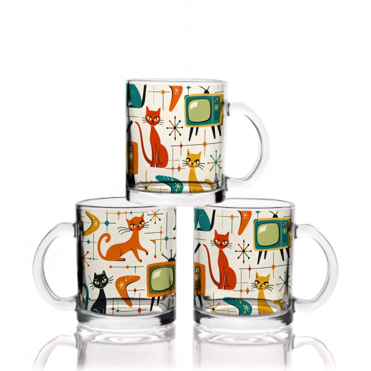 ☕ Atomic Kitsch Glass Coffee Cup – 12oz Retro Cat & TV Edition