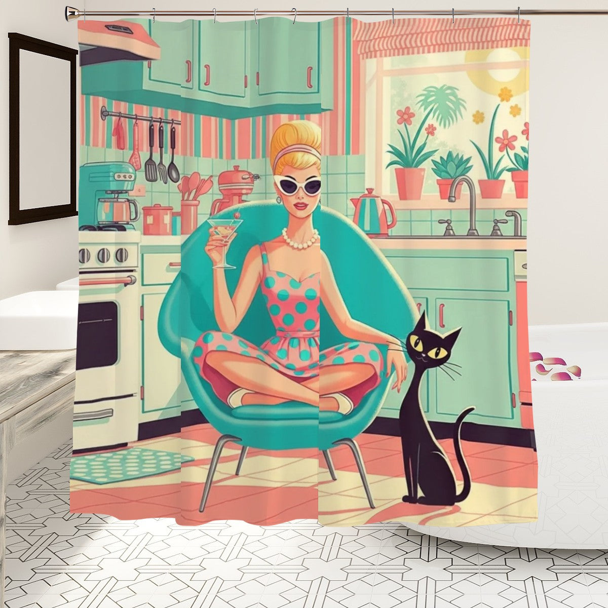 🛁 Atomic Kitchen Diva Shower Curtain – MCM Kitsch Edition