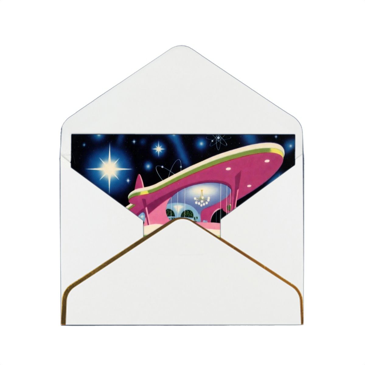 👽 Atomic Kitsch Golden Edge Greeting Card – Alien Holiday Spacecraft Edition (Horizontal)