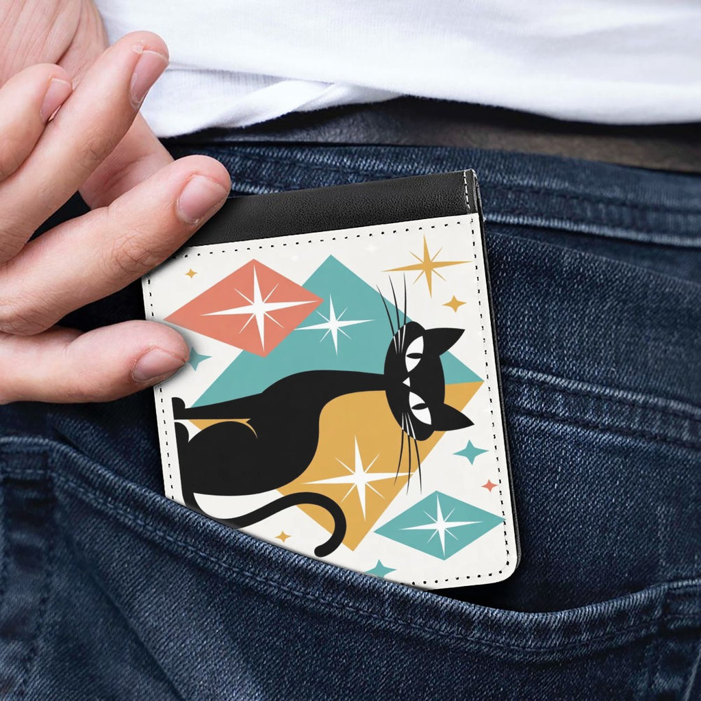 🐈 Atomic Kitsch Leather Wallet – Black Cat & Starburst Edition